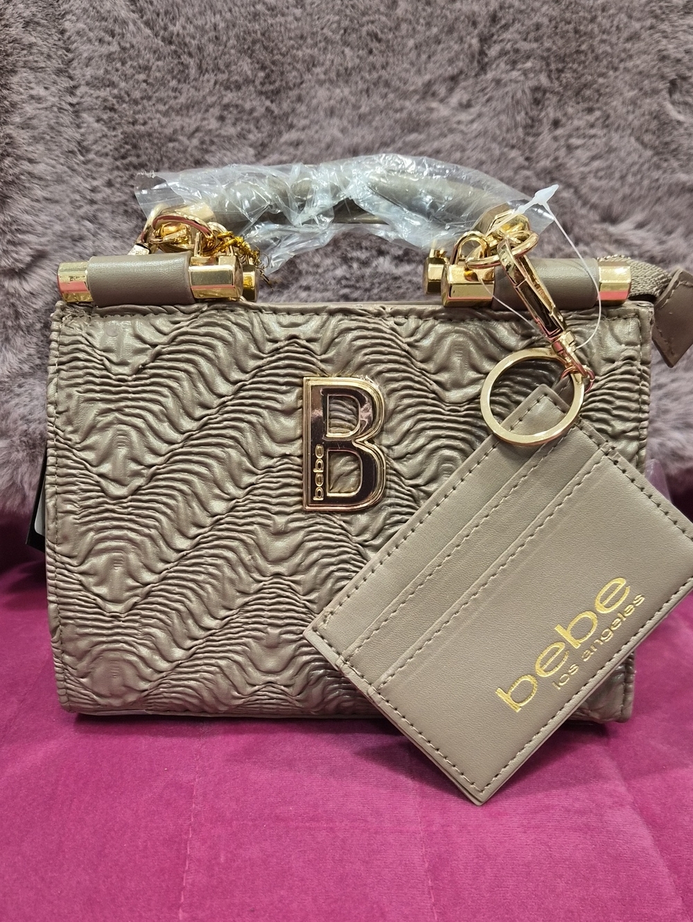 bebe Taupe Textured Nola Mini Satchel with Gold Hardware and Cardholder